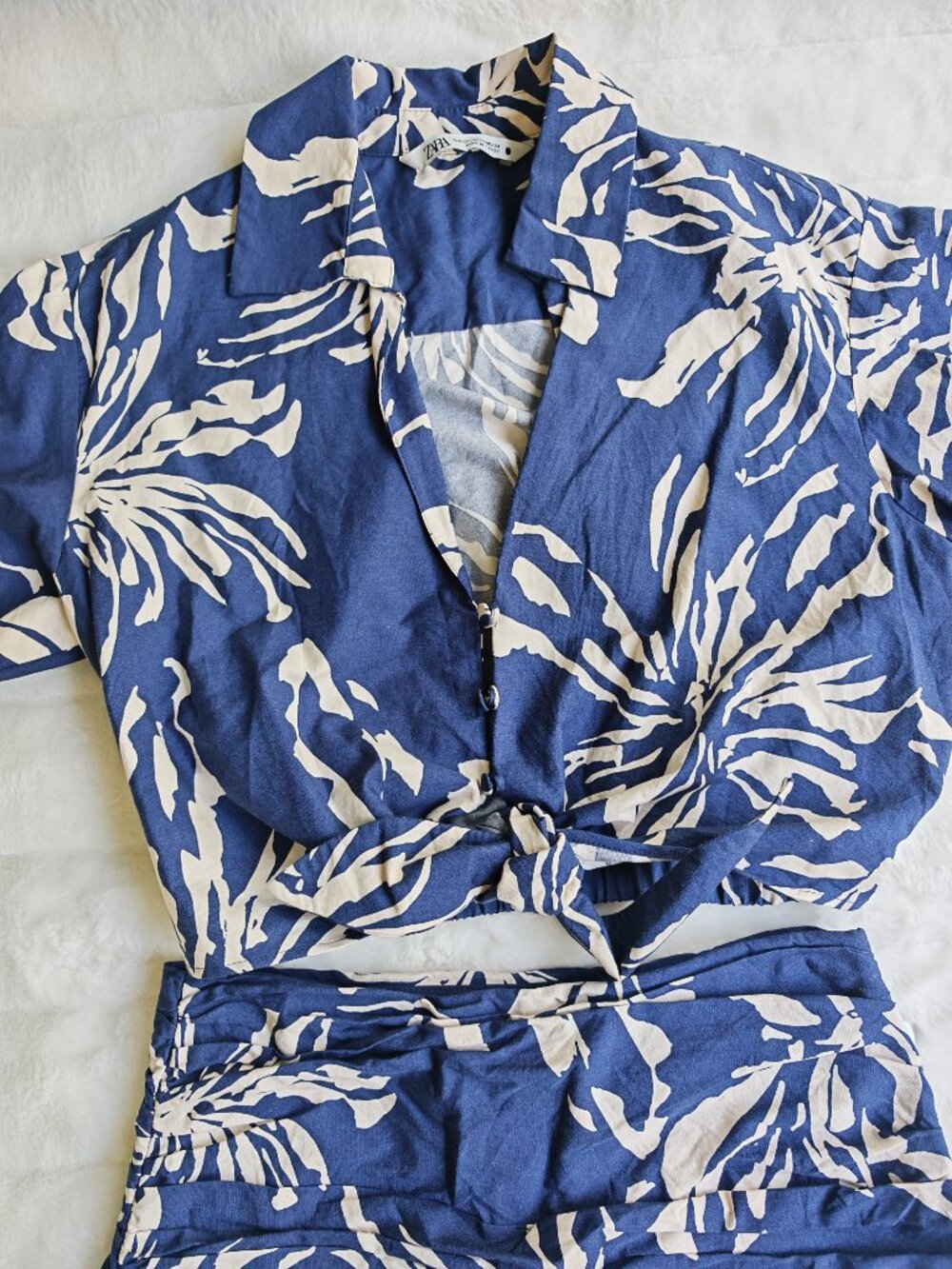 ZARA Blue Tropical Palm Print Matching Set XS/S Crop Tie Top & Midi Wrap Skirt R - Picture 9 of 16